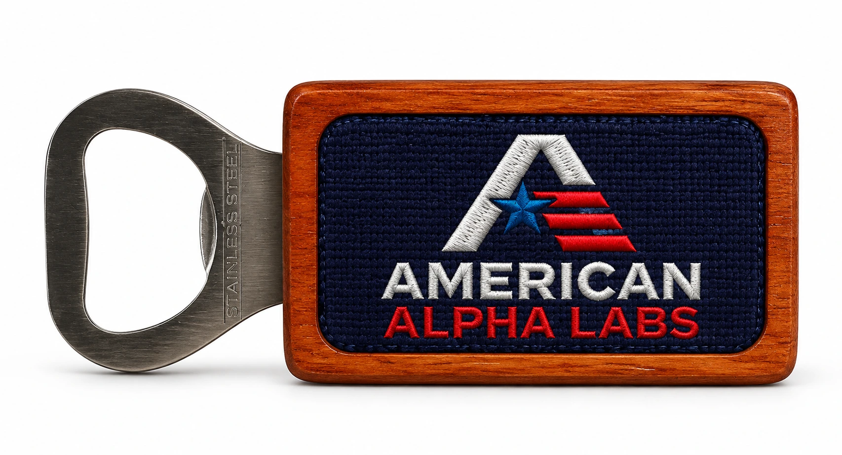 American Alpha Labs wood and stainless-steel bottle opener