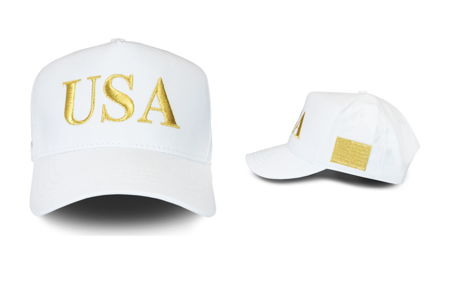 White USA hat with gold USA embroidery and a gold American flag side patch