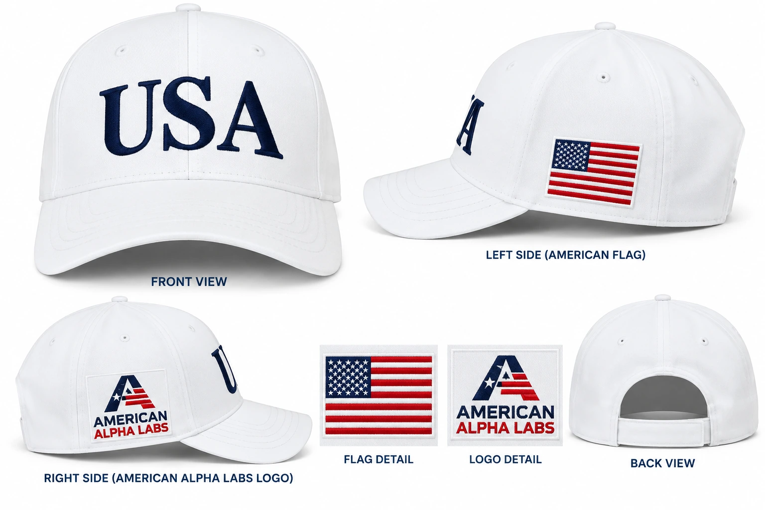 White American Alpha Labs USA hat with the American flag on one side and the AAL logo on the other